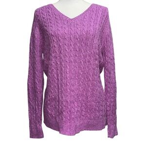 Womens Cable Knit V‎ Neck Pullover Sweater Long Sleeve Lavender Purple